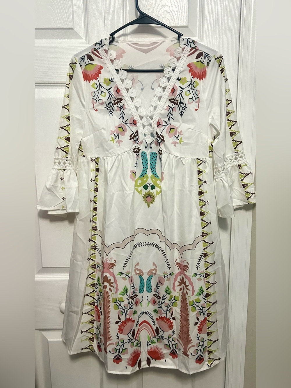 White and peacock design V-Neck Midi Dress with Floral Print boho